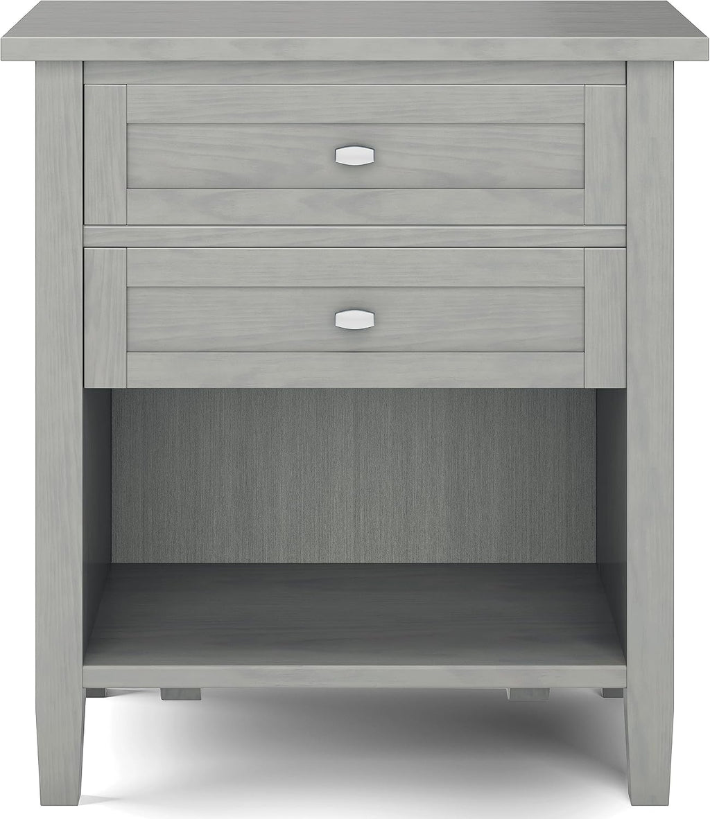 SIMPLIHOME Warm Shaker Bedside Table - 24 inch Wide Solid Wood Nightstand in Fog Grey, Transitional Bedroom Side or End Table with 2 Drawers, Open Shelf Storage and Brushed Nickel Hardware