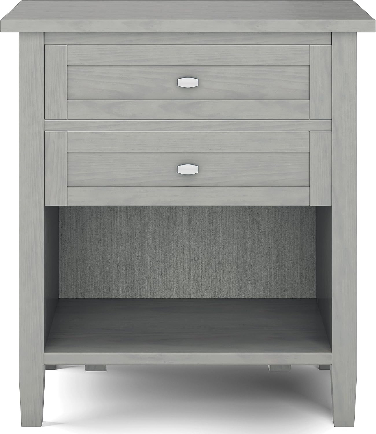SIMPLIHOME Warm Shaker Bedside Table - 24 inch Wide Solid Wood Nightstand in Fog Grey, Transitional Bedroom Side or End Table with 2 Drawers, Open Shelf Storage and Brushed Nickel Hardware