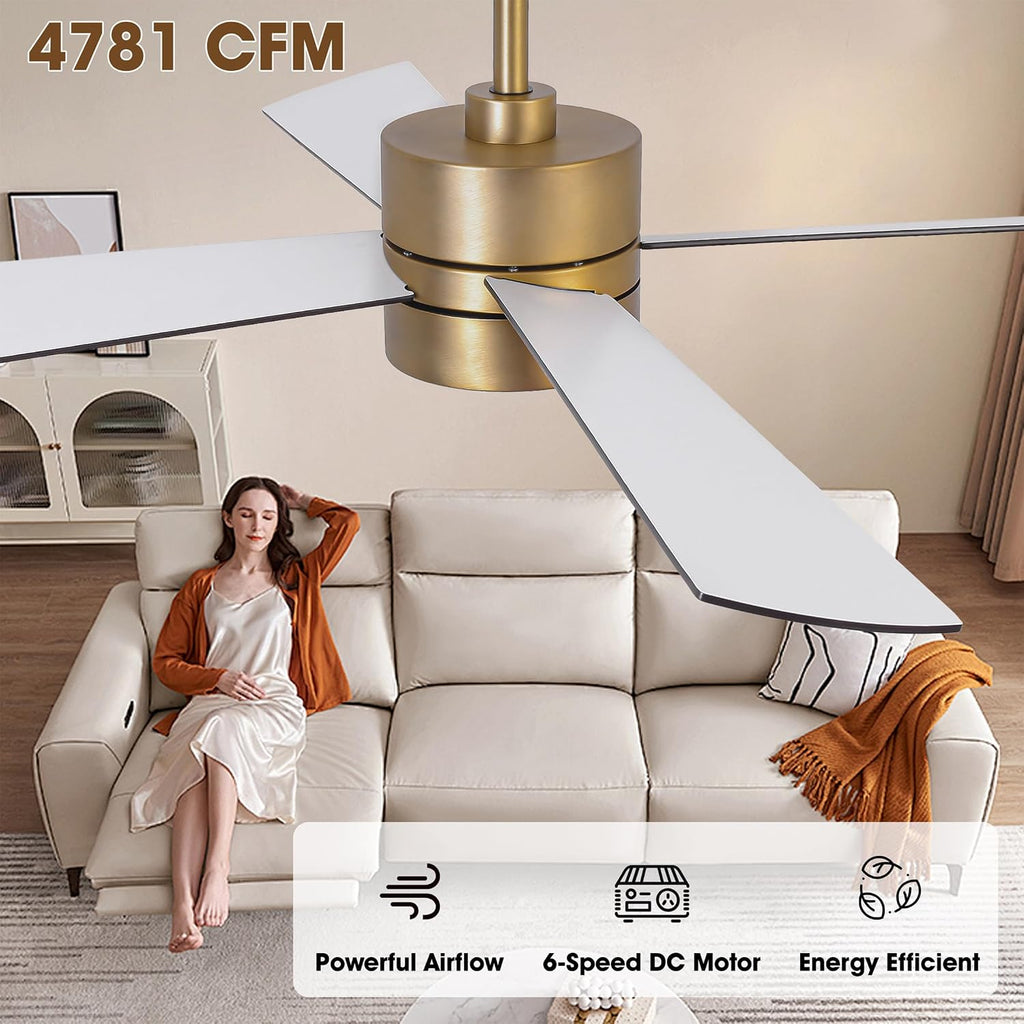 52 Inch Gold Ceiling Fan with Lights and Remote, APP Control, Quiet Reversible DC Motor, Dimmable LED Ceiling Fan, Modern Indoor Ceiling Fan for Bedroom Living Room Dining Room
