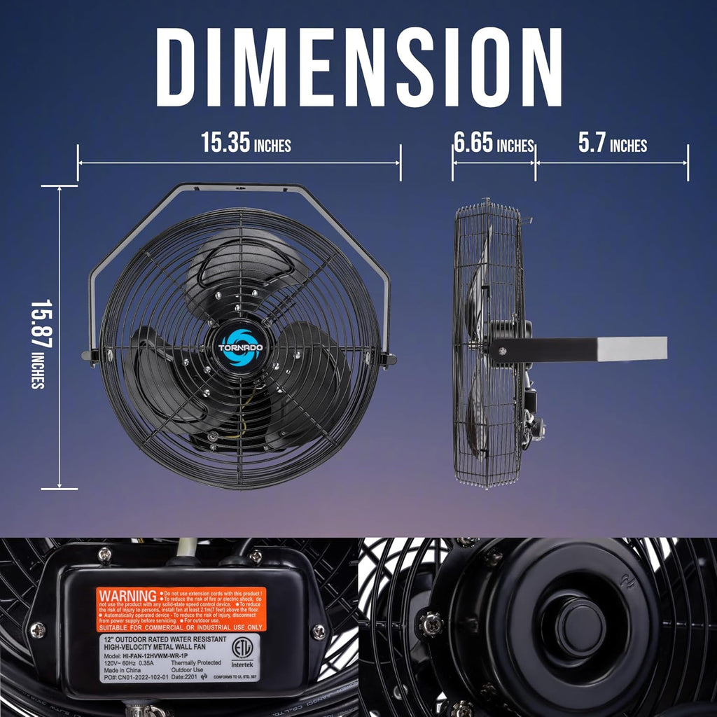 Tornado 2 Pack 12 Inch Outdoor Rated IPX4 Water-Resistant High Velocity Metal Industrial Wall Mount Fan For Commercial, Industrial, Residential, TEAO Motor 3 Speed 1650 CFM, cETL Safety Listed