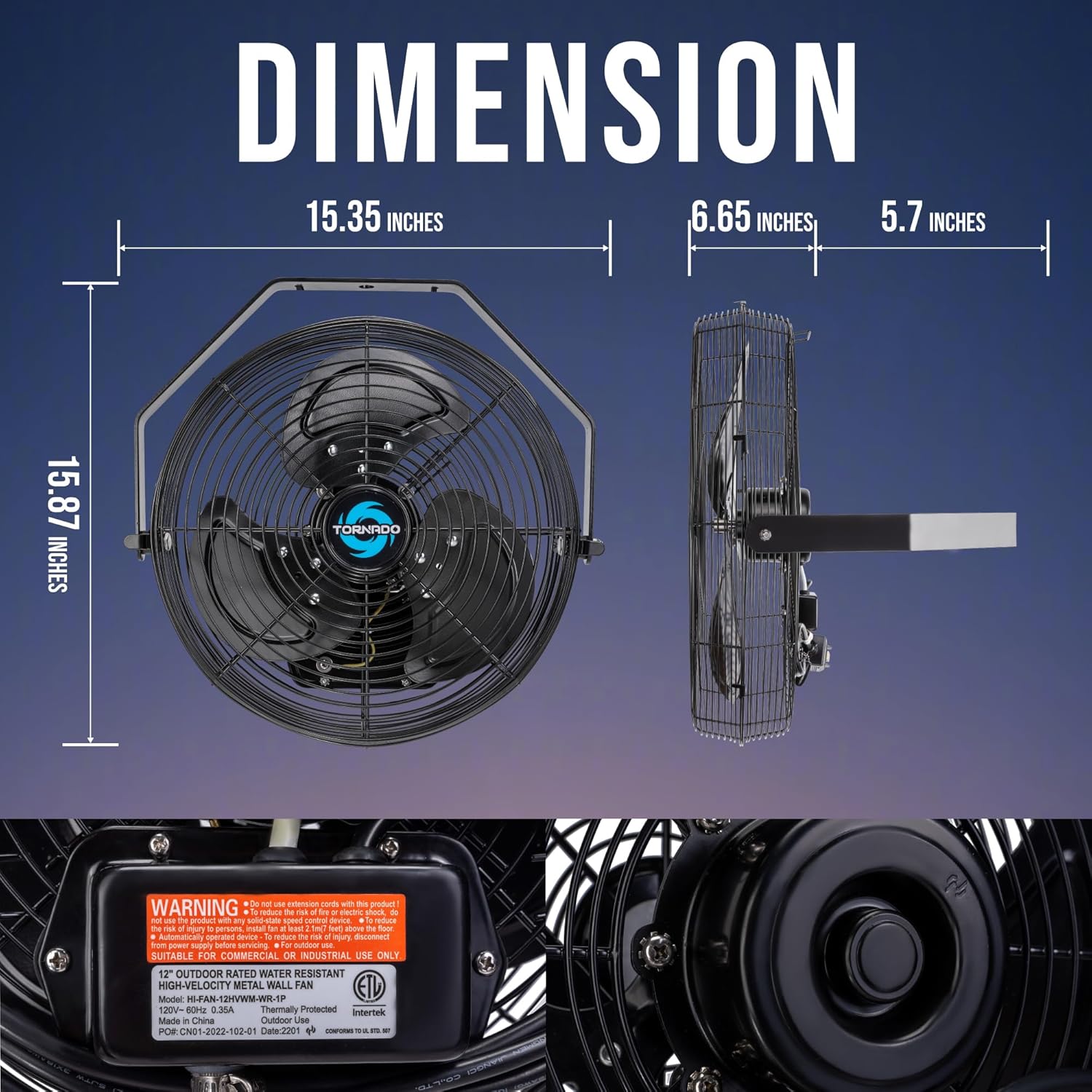 Tornado 2 Pack 12 Inch Outdoor Rated IPX4 Water-Resistant High Velocity Metal Industrial Wall Mount Fan For Commercial, Industrial, Residential, TEAO Motor 3 Speed 1650 CFM, cETL Safety Listed