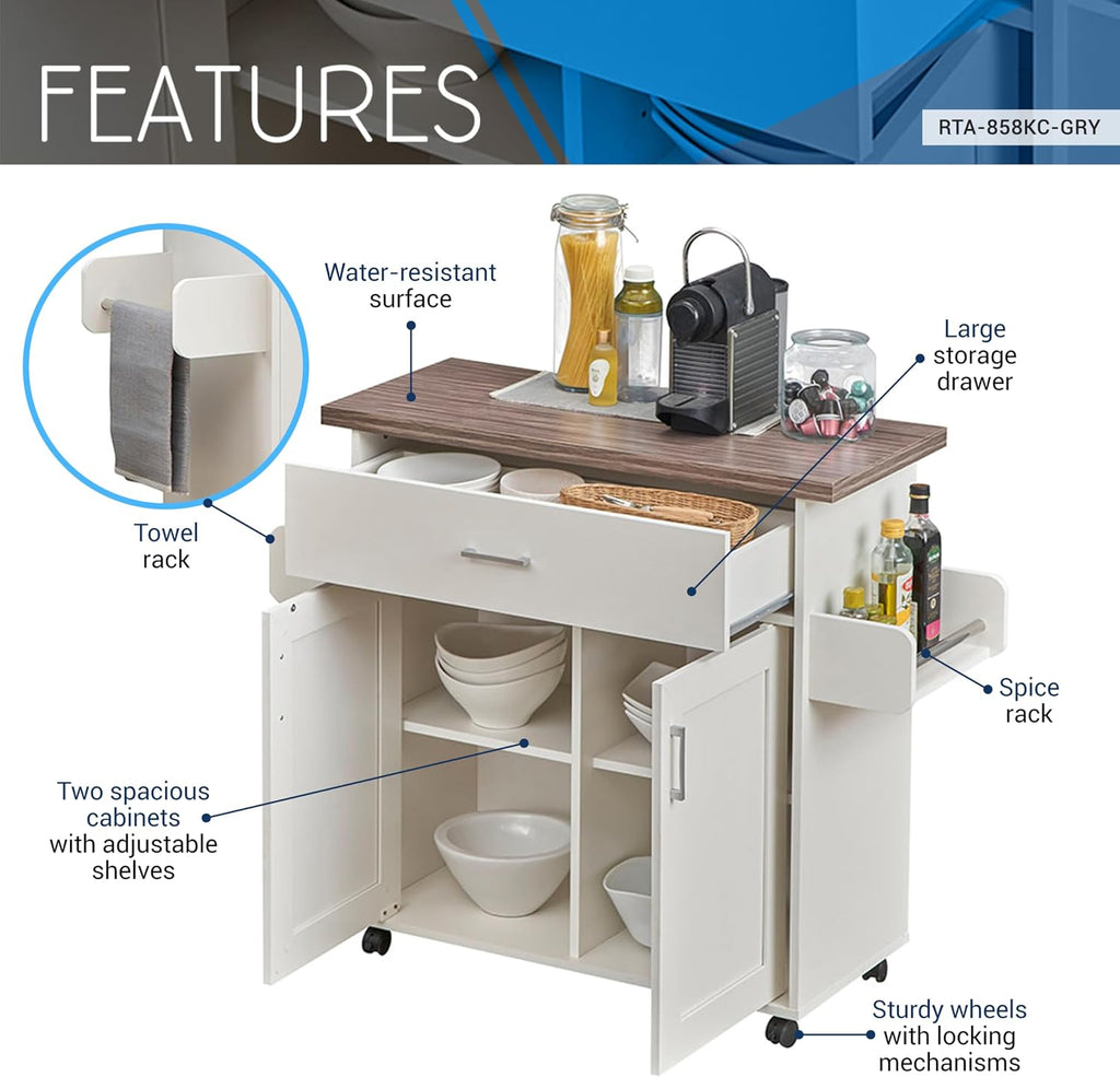 Deluxe Mobile Kitchen Island Cart with Water Resistant Top, Storage Cabinets, Adjustable Shelves, Spice Rack & Paper Towel Holder, Coffee Bar or Rolling Kitchen Cart with and Locking Wheels
