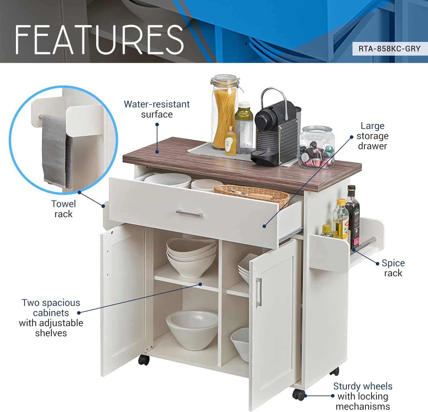 Deluxe Mobile Kitchen Island Cart with Water Resistant Top, Storage Cabinets, Adjustable Shelves, Spice Rack & Paper Towel Holder, Coffee Bar or Rolling Kitchen Cart with and Locking Wheels