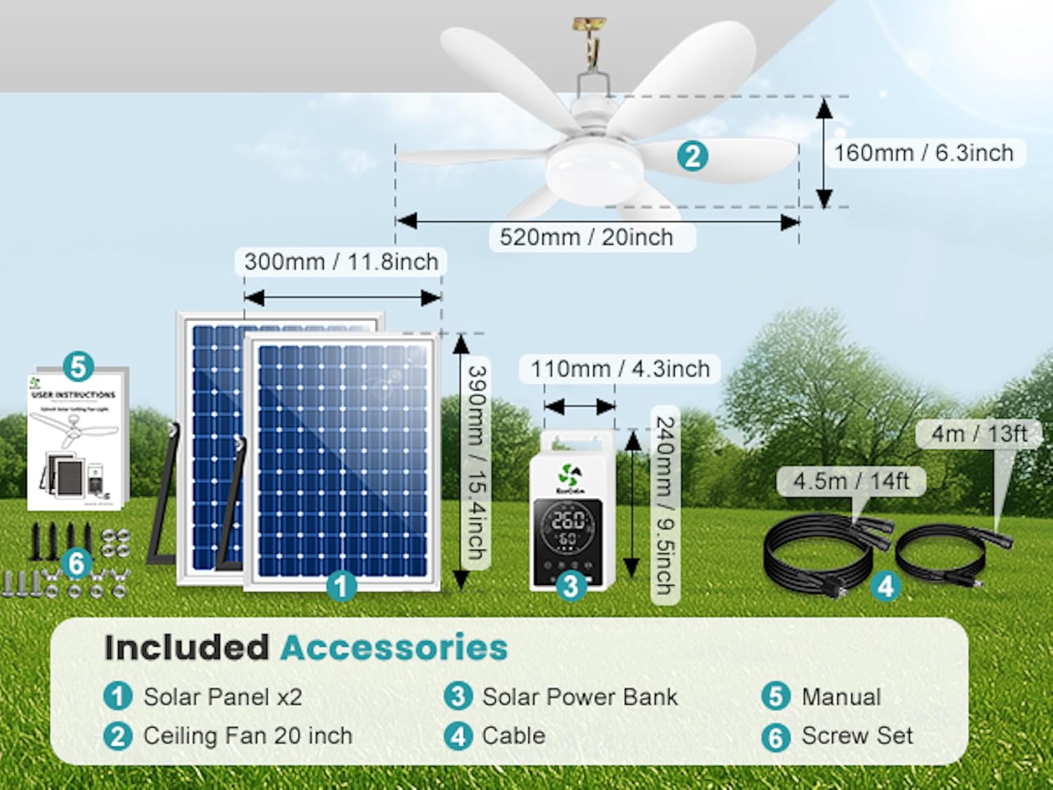 Solar Ceiling Fan with Adjustable Thermostat, 20' Outdoor Ceiling Fans with Battery & 2pcs 15W Bifacial Solar Panels, Solar Powered Fan Light for Gazebo, Chicken Coop, RV (White)