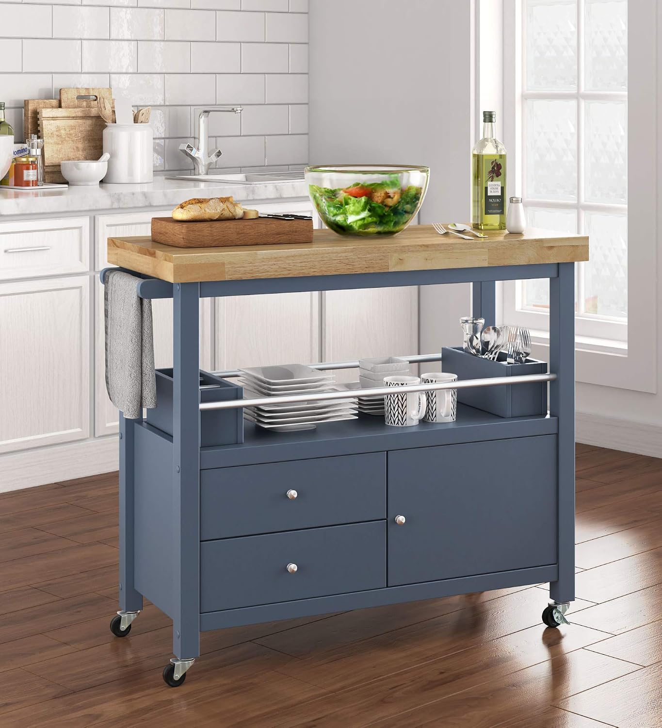 ClickDecor Anson Kitchen Island Bar Cart with Storage, Butcher Block Table, Rolling Wheels and Portable Cabinet Organization for Home Apartment Essentials, Gray