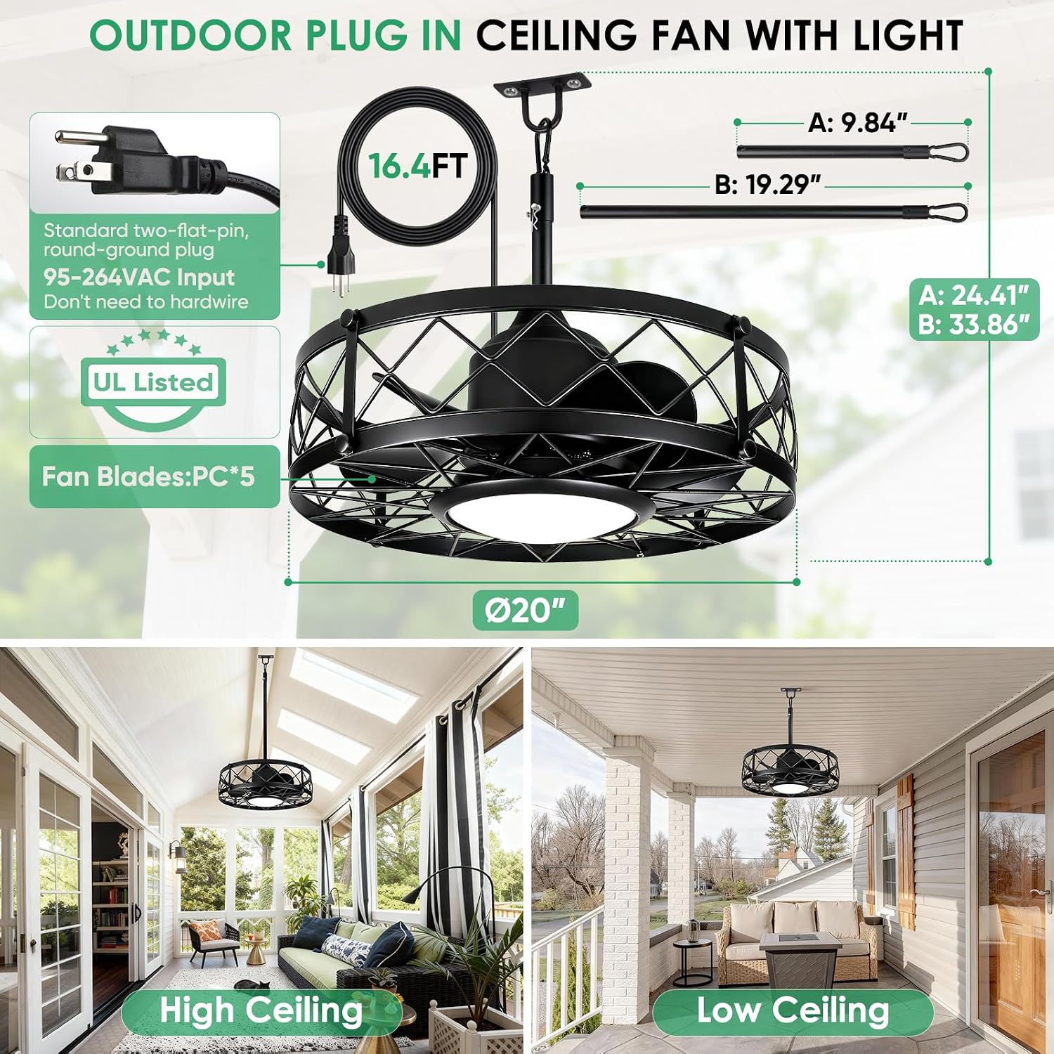 ropelux Outdoor Ceiling Fans with Light,Waterproof Ceiling Fan Light with Remote & APP Control,20 Inch Plug in Caged with Dimmable 3CCT 6-Speeds,Noiseless for Gazebo Patio Porch (Black, 20inch)