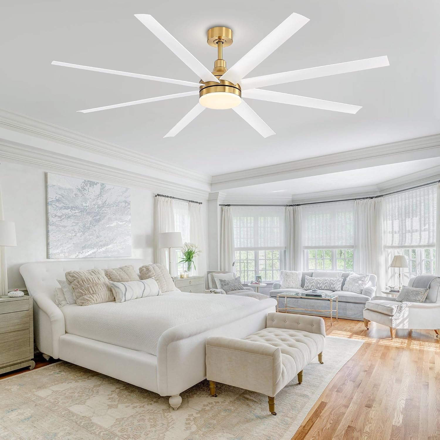 72 Inch Ceiling Fans with Lights and Remote, 8-Blade, Quiet Reversible DC Motor, 6-Speed, Timer Function, 3 Color Led Light Chandelier, Industrial Ceiling Fan for Bedroom Living Room (Gold & White)
