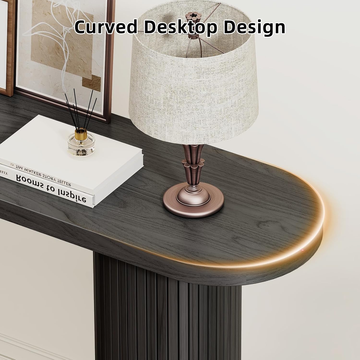 55 Inch Entryway Console Table, Fluted Sofa Table Behind The Couch, Mid-Century Modern Foyer Curved Table, Narrow Long Hallway Tables, Wooden Accent Home Decor Furniture for Living Room, Black