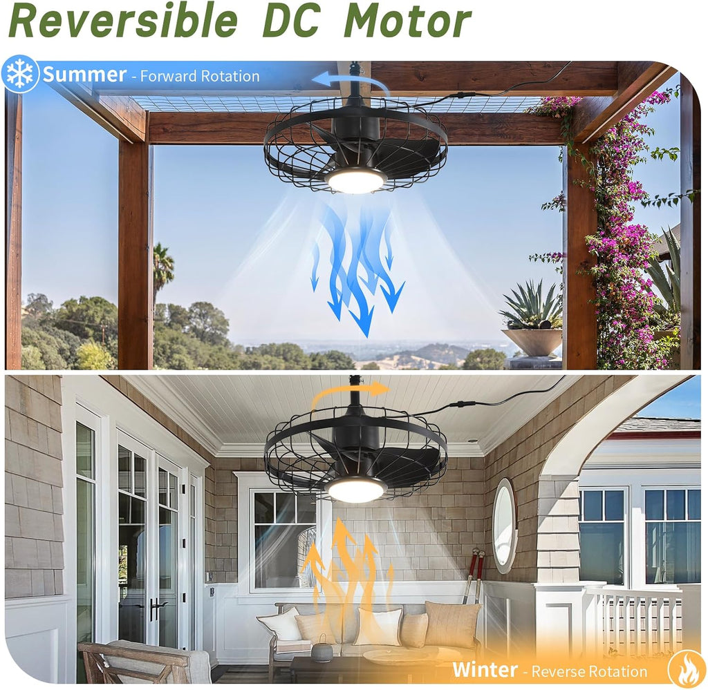 20' Outdoor Ceiling Fan with Lights,Waterproof Hanging Fan with Remote Control, Plug in Caged Ceiling Fan with 6-Speeds(Black)