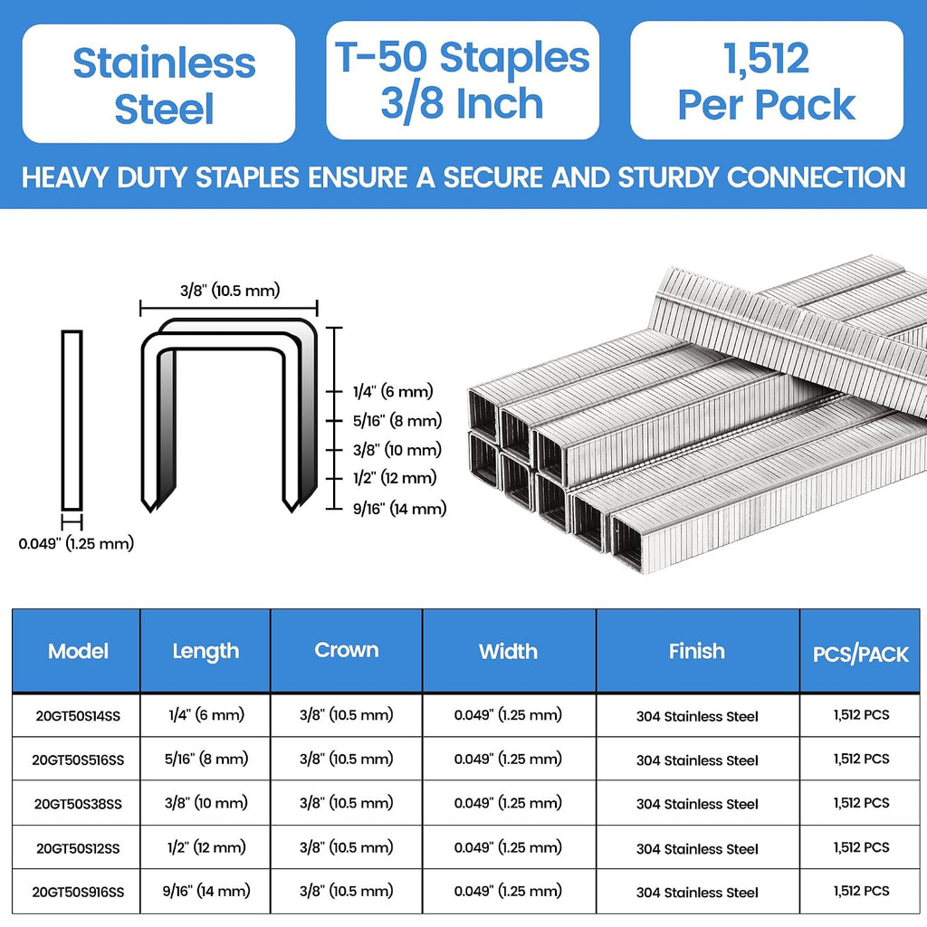 meite T50 Heavy Duty Staples Marine, 3/8 Inch 304 Stainless Steel Staples for Staple Gun, 20 Gauge 3/8 Inch Crown Upholstery Staple for Marine Applications (1 Case)