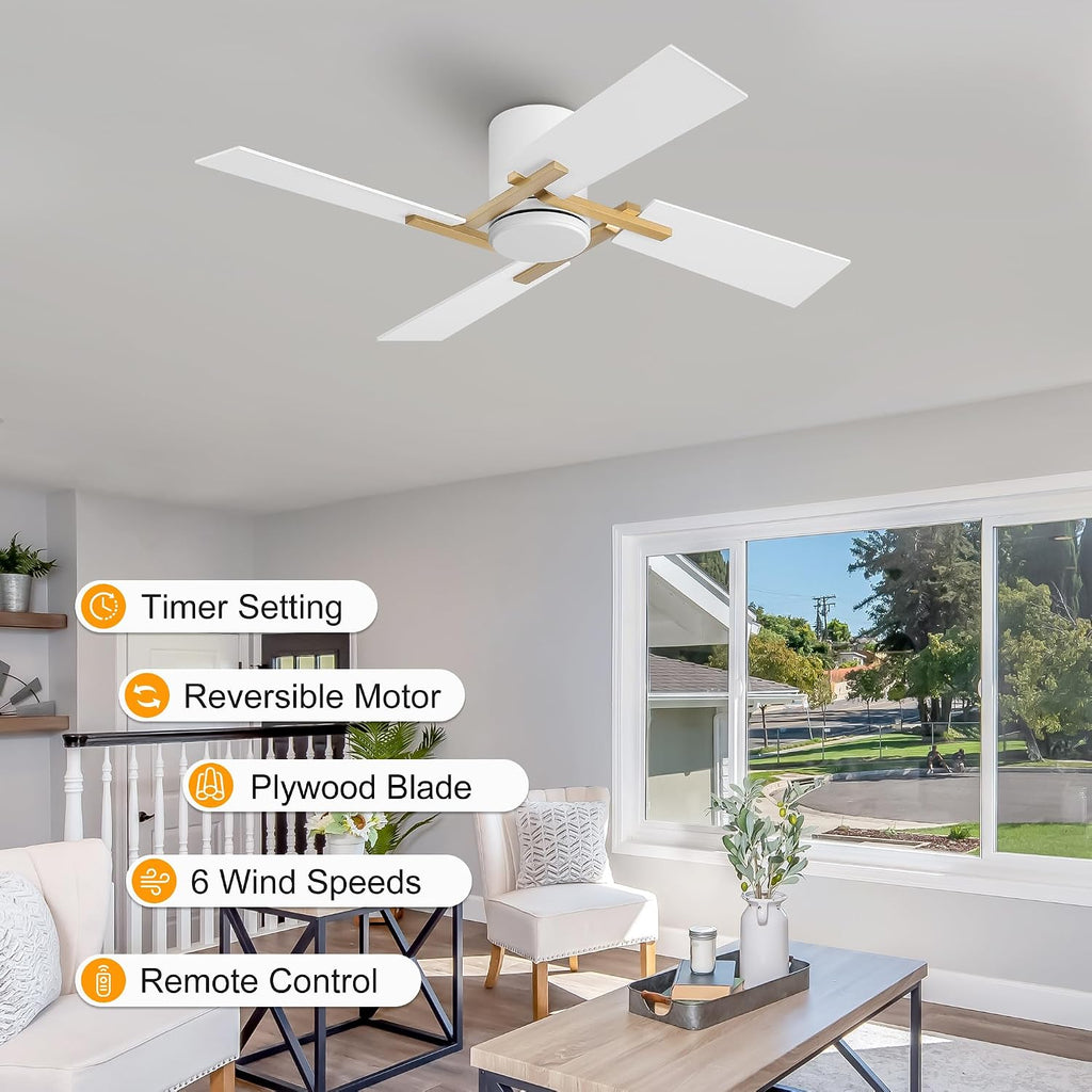 WINGBO 48 Inch Flush Mount Ceiling Fan without Light - 4 Plywood Blades, 6-Speed Reversible DC Motor, Noiseless Low Profile Ceiling Fan No Light for Bedroom Living Room, Gold and White