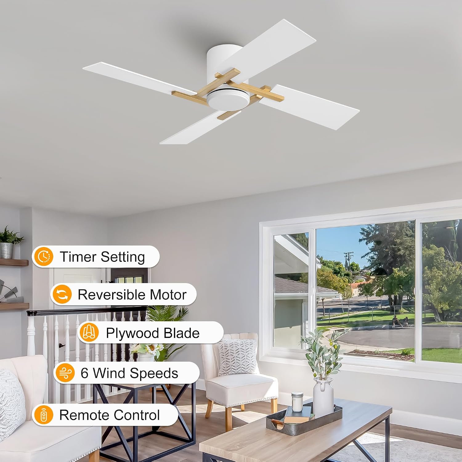 WINGBO 48 Inch Flush Mount Ceiling Fan without Light - 4 Plywood Blades, 6-Speed Reversible DC Motor, Noiseless Low Profile Ceiling Fan No Light for Bedroom Living Room, Gold and White