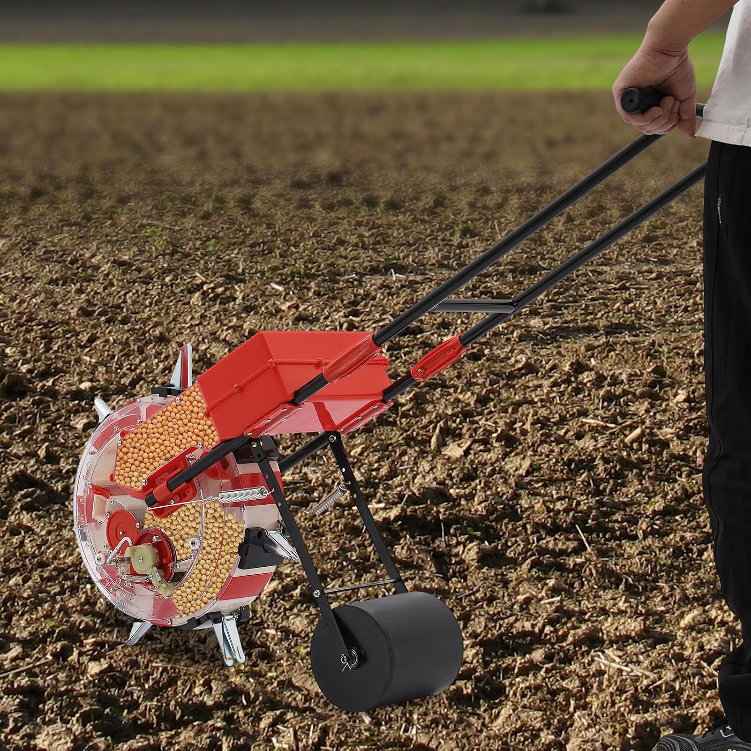 Manual Seeder, 7 Nozzles Handheld Seeding Machine Hand Push Roller Seeder Corn Soybean Fertilizer Machine, 9.06in Spacing Manual Planter Floor Standing Outdoor for Slopes Rice Planting Fields