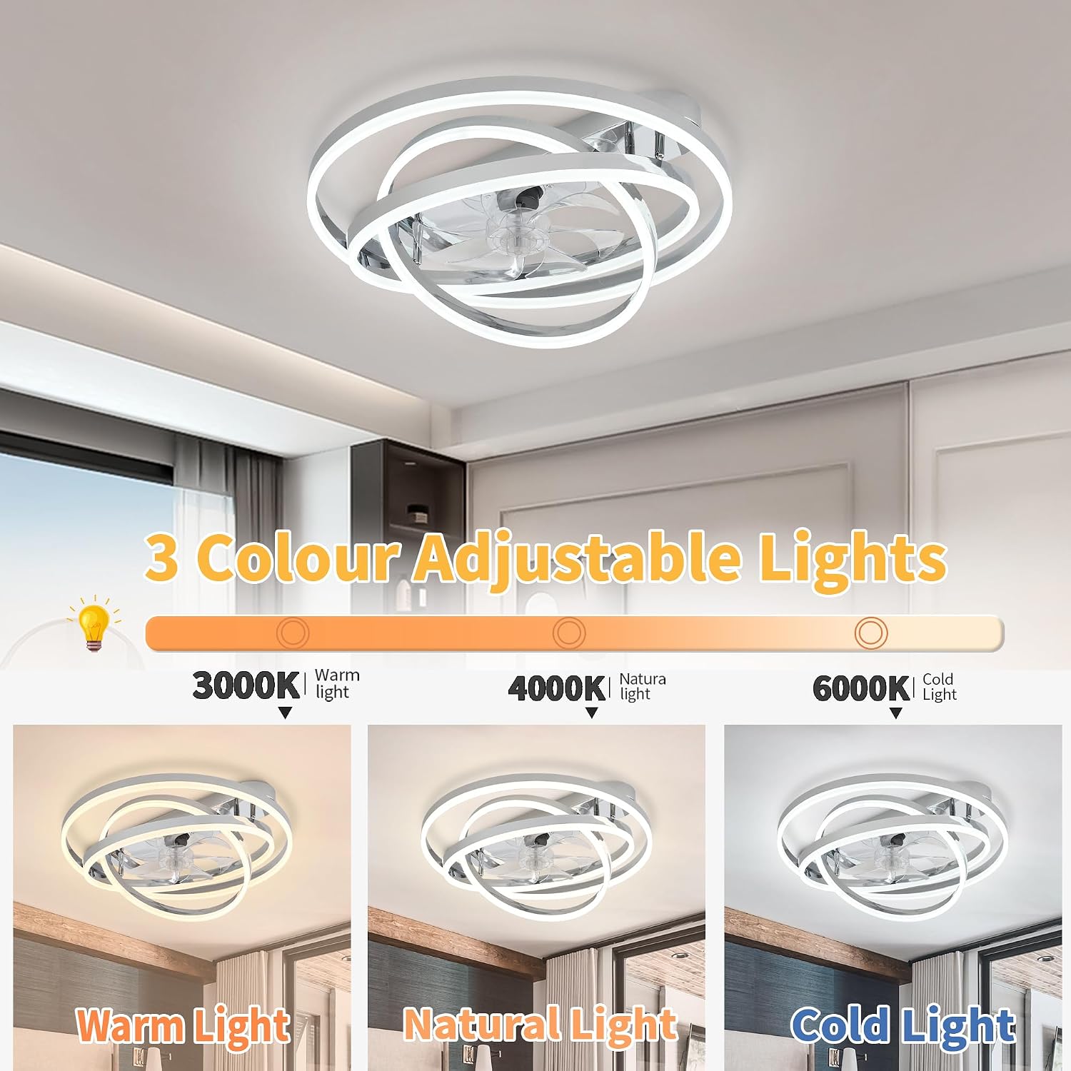 24' Modern Ceiling Fans with Lights and Remote Control,Reversible DC Motor,Dimmable,DIY Rings LED,Flush Mount Low Profile Ceiling Fan with Light for Living Room/Dining Room/Bedroom