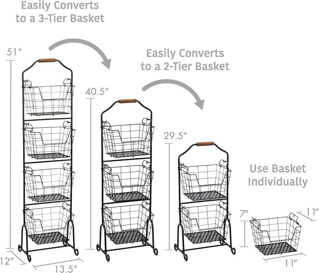 Mikasa Gourmet Basics Ferme 4-Tier Market Basket - Antique Black Wire and Acacia Wood Handle, Kitchen Fruit Vegetable Storage Organizer, 13.5 x 11.5 x 51 Inches