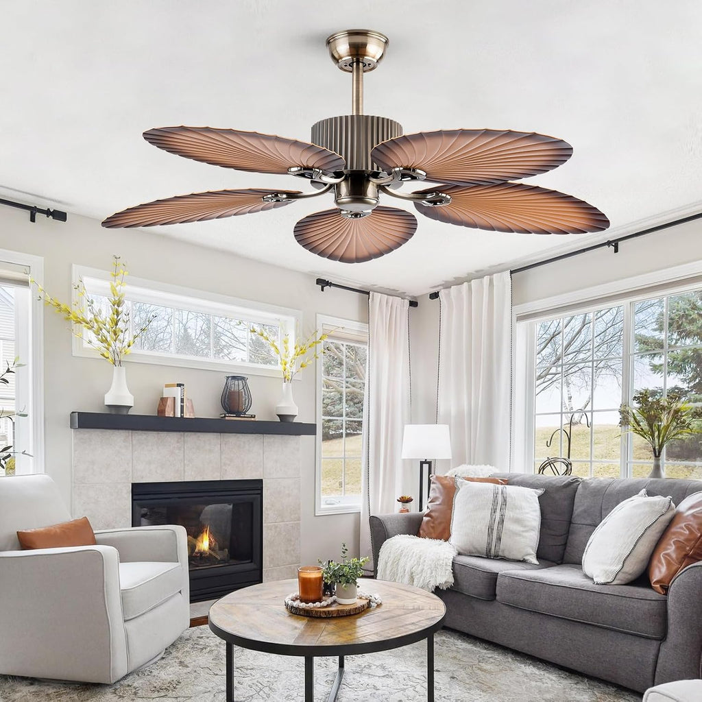 52inch Ceiling Fan Palm Island 5 Palm Leaf Blades No Light Remote Control Timer 6 Speeds Quiet DC Ceiling Fans Tropical Style Ceiling Fans Indoor Outdoor (Bronze+Coffee)