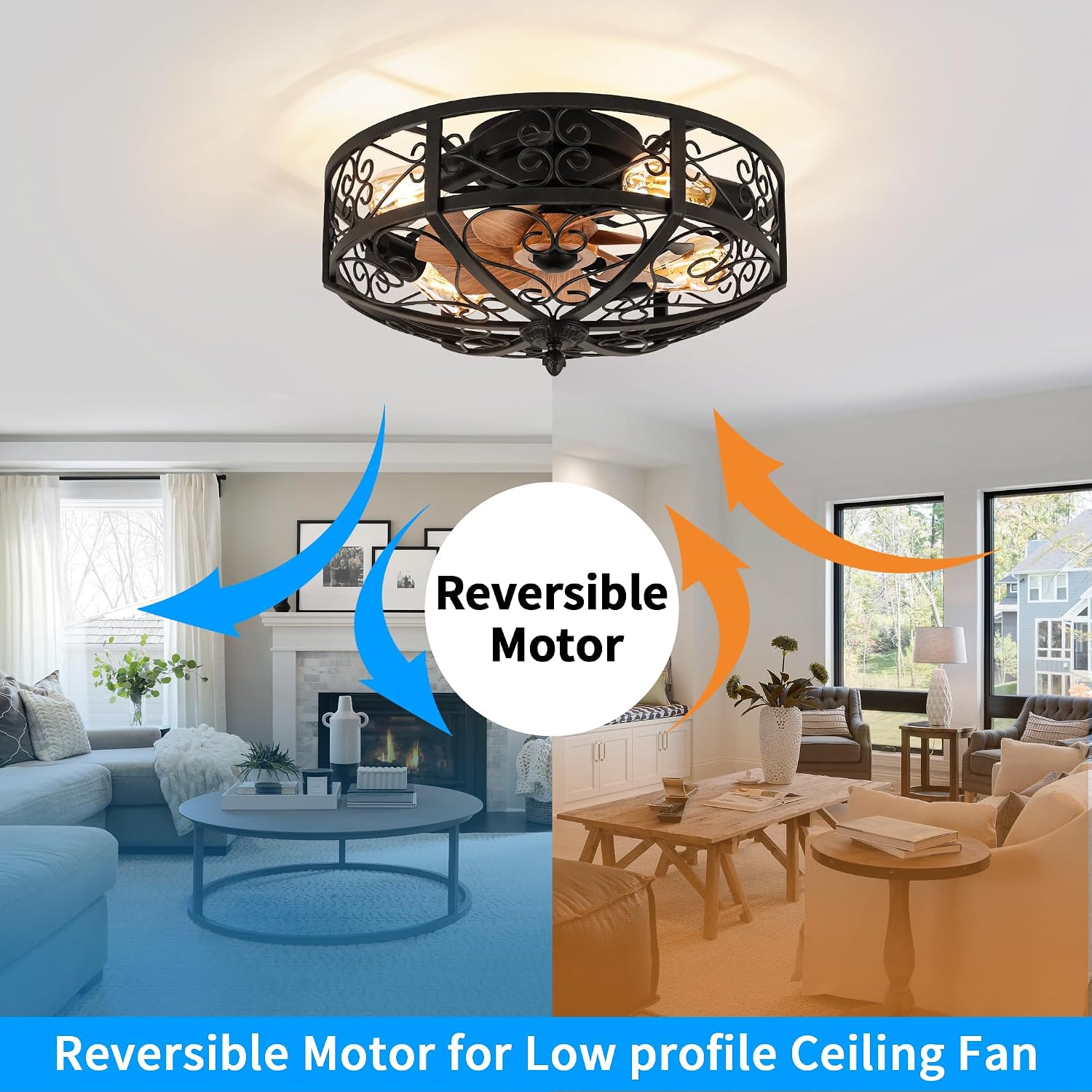 TIFEROR Vintage Ceiling Fan with Light, 20' Modern Enclosed Ceiling Fan with Remote Control, Low Profile Flush Mount for Hallway, Kitchen, Bedroom (Black, 5 E26 Bulbs Included)