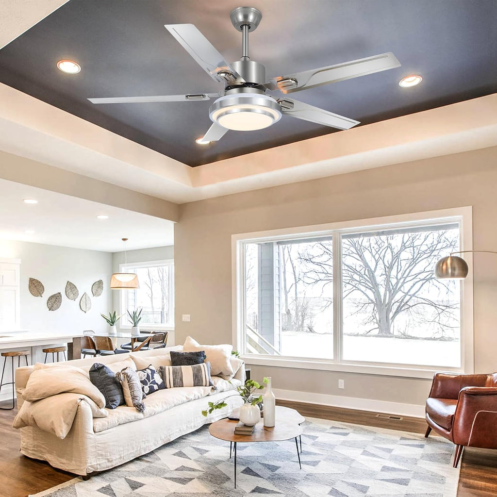 Modern Ceiling Fans with Lights Remote, 48'' Outdoor Ceiling Fan with Dimmable 3 Light Colors 3 Speed Reversible DC Motor, 5 Stainless Steel Blades Fandelier for Patio Porch Living Room
