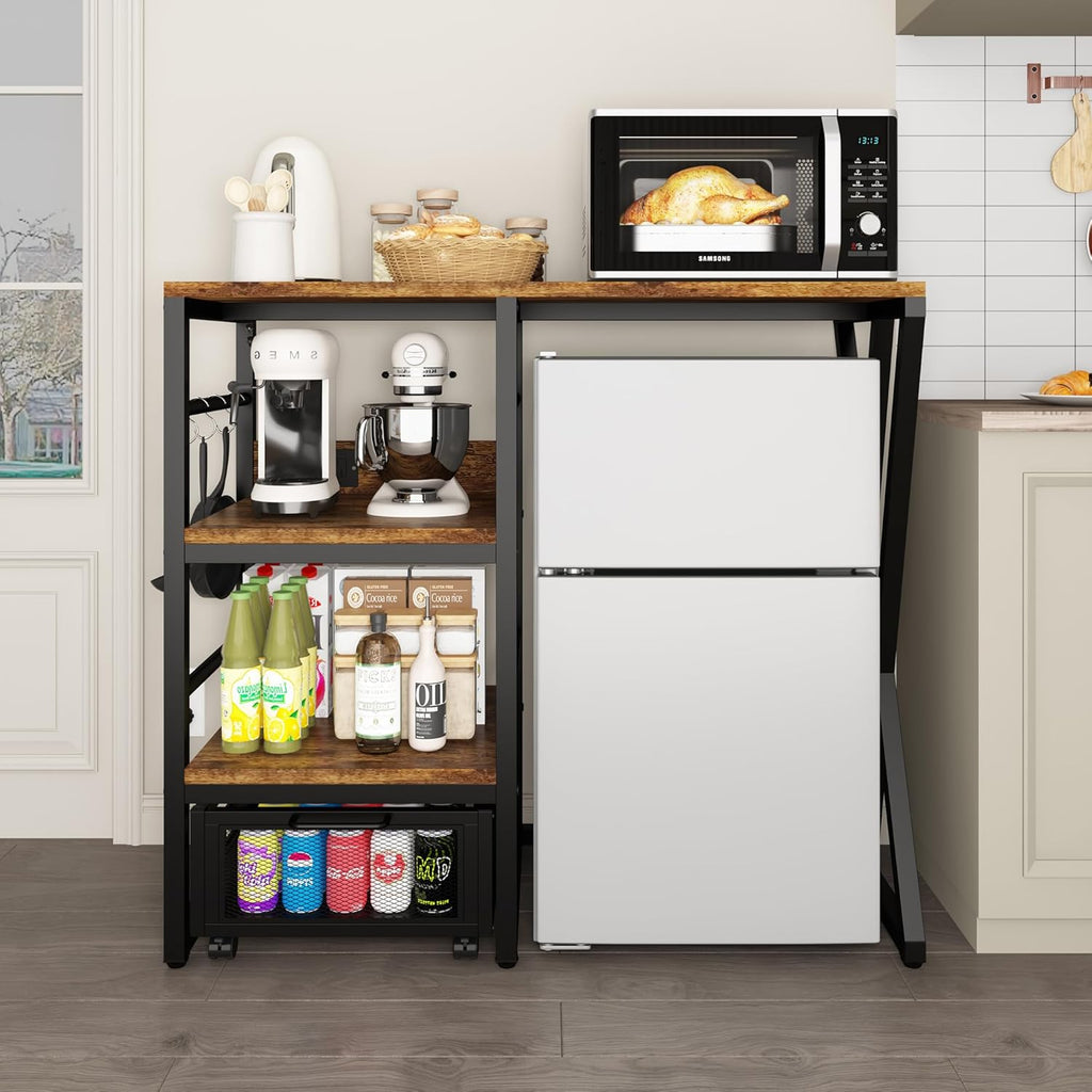 Beverage & Wine Fridge Stand with Movable Basket, Coffee Bar Cabinet with Mini Fridge Space and Power Outlet, Kitchen Storage Organizer with Worktop, Microwave Oven Stand Rack for Home, Dorm, Office