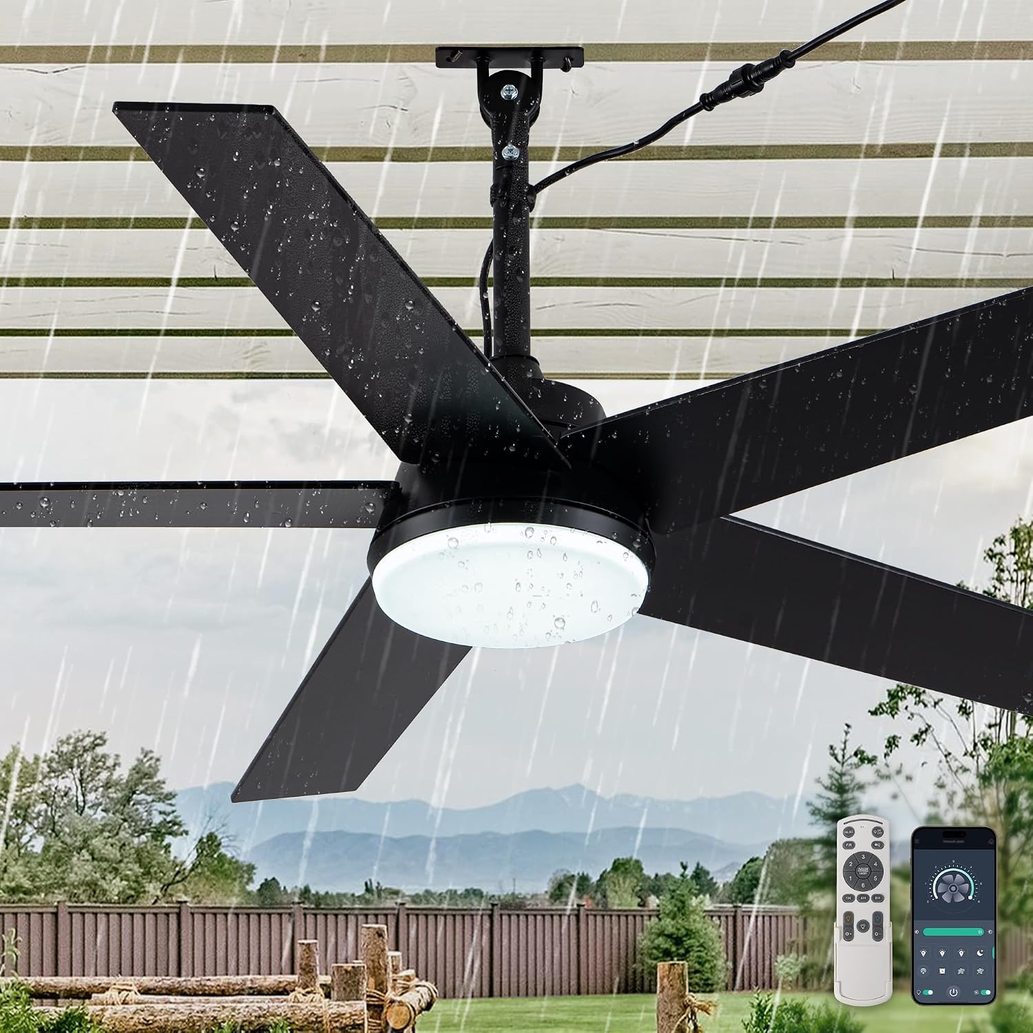 48 Inch Waterproof Outdoor Ceiling Fan with Lights, IP65 Hanging Gazebo Fan with App/Remote Control, 5-Blade Plug in Ceiling Fan Light with 6-Speed Reversible, Dimmable, Timer, (Black)