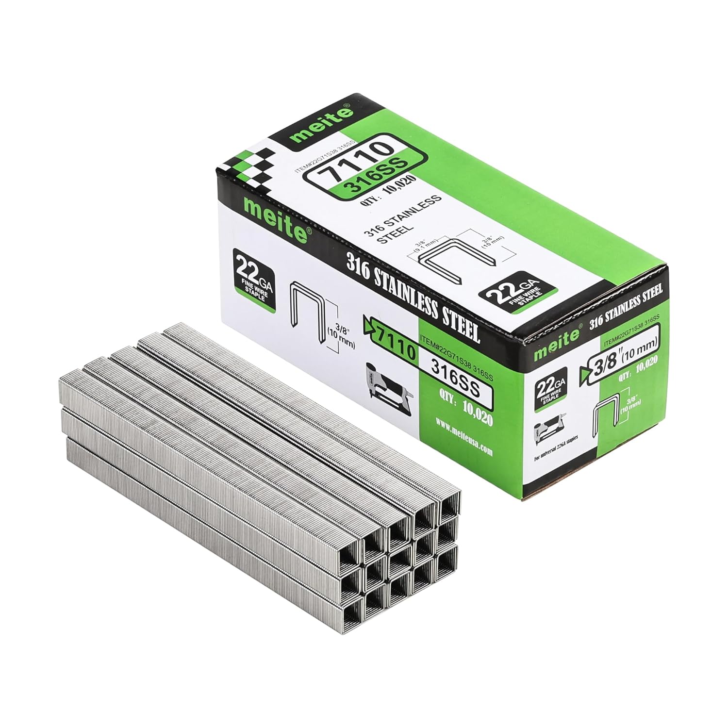 meite 71/10 22 Gauge 71 Series 316 Stainless Steel Upholstery Staples, 3/8-Inch (9.1 mm) Crown 3/8-Inch Length for Fine Wire Stapler Gun and Marine Upholstery (1 Case - 20 Boxes)