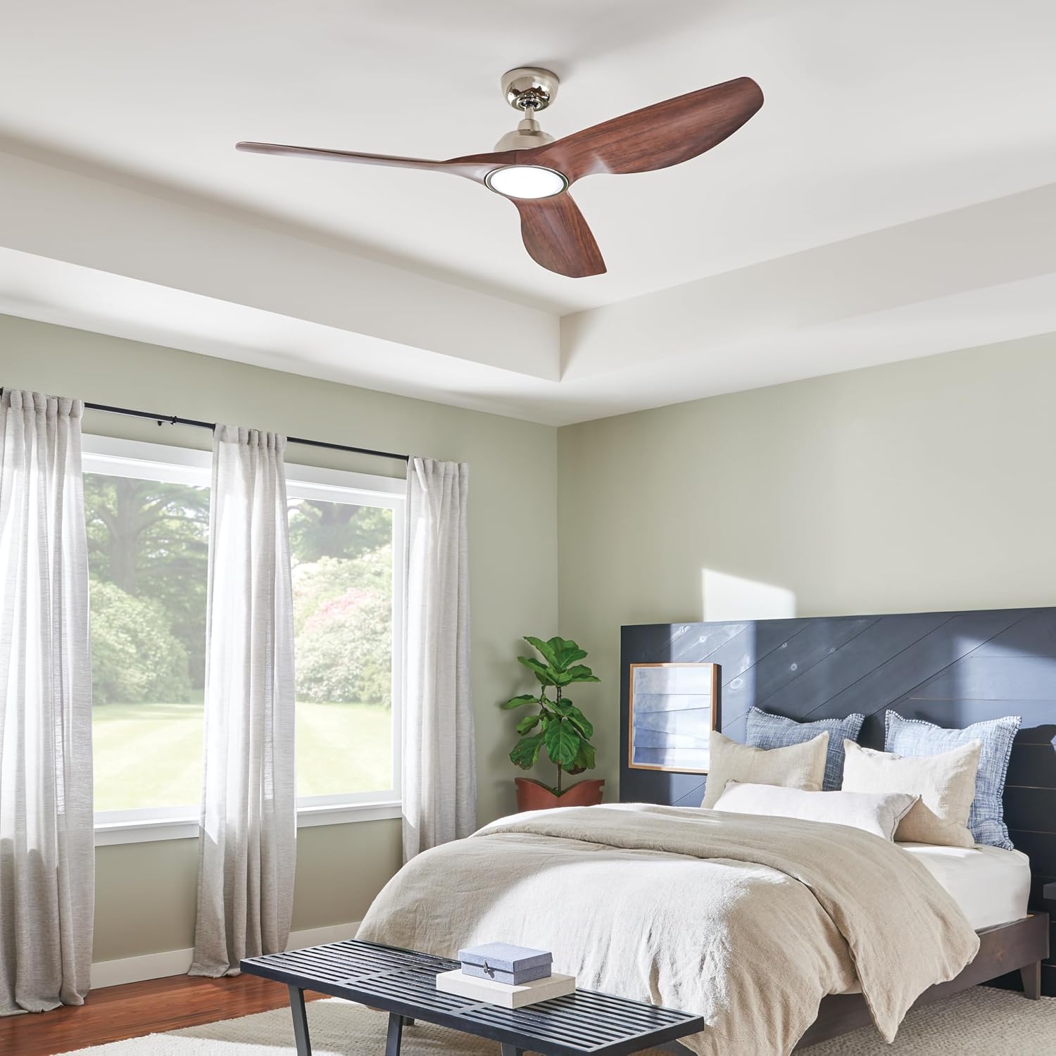 KICHLER 300365PN Protruding Mount, 3 walnut Blades Ceiling fan with 23 watts light, Polished Nickel