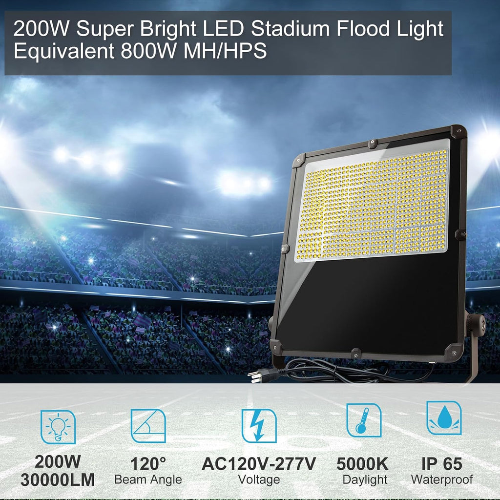 200W LED Flood Light Outdoor 30000Lm Led Stadium Light with Dusk to Dawn photocell, IP65 AC100-277V Commercial Area Lighting with Plug for Backyard/Basketball Court-2Pack