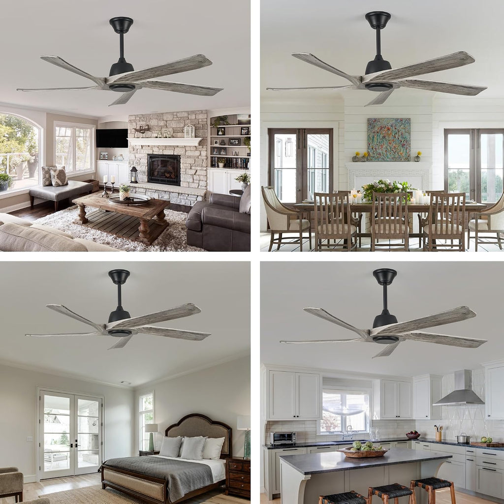 60 Inch Solid Wood Ceiling Fan No Lights, Remote and APP Control, DC Motor, 6-speed Reversible, for Bedroom, Living Room, Office, Outdoor Ceiling Fans, Greywood