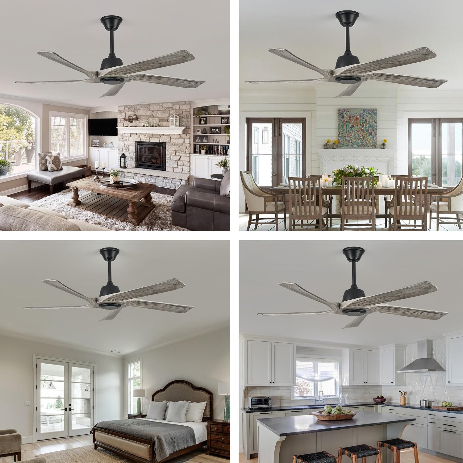 60 Inch Solid Wood Ceiling Fan No Lights, Remote and APP Control, DC Motor, 6-speed Reversible, for Bedroom, Living Room, Office, Outdoor Ceiling Fans, Greywood