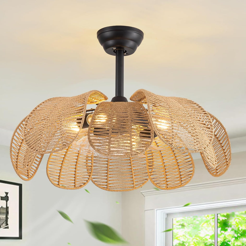 Boho Ceiling Fan with Light, Rattan Fandelier Ceiling Fan with Light and Remote Control, Flower Chandelier Fan for Bedroom, Living Room,Kitchen,Foyer(26 Inch, 6 Speed, Timing Adjustable Height)