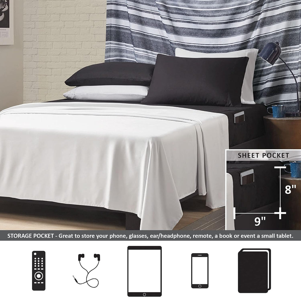 Comfort Spaces 17 Piece Bed in A Bag Comforter Set Include Sheets with 2 Side Pockets - All Season Cozy Bedding and Bedroom Organizer, College Dorm Room Essentials, Queen, Vincent, Black