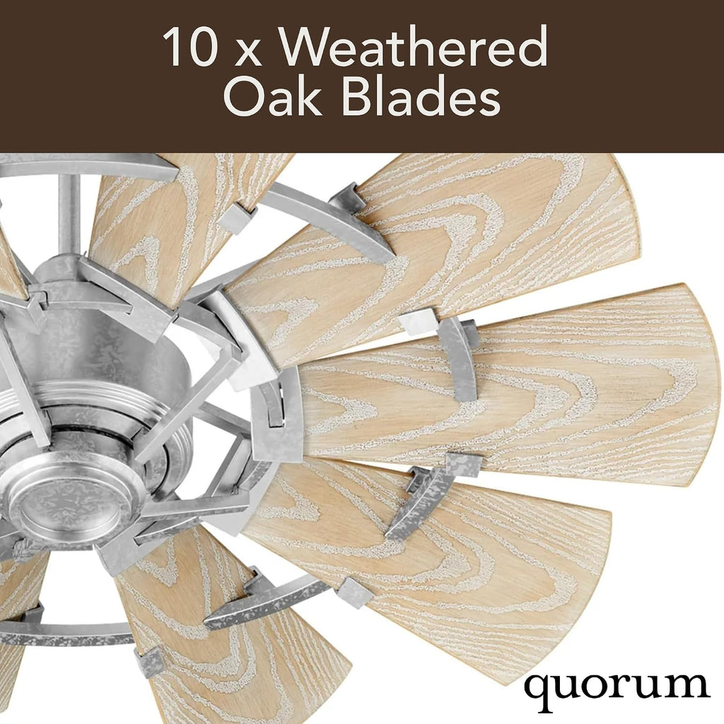 Quorum 194410-9 Windmill 44 Inch Ceiling Fan | 10 Blade Indoor Outdoor Fan | 3 Speed DC Motor | Wall Control Included | Light Kit Adaptable | Galvanized Finish with Weathered Oak Blades