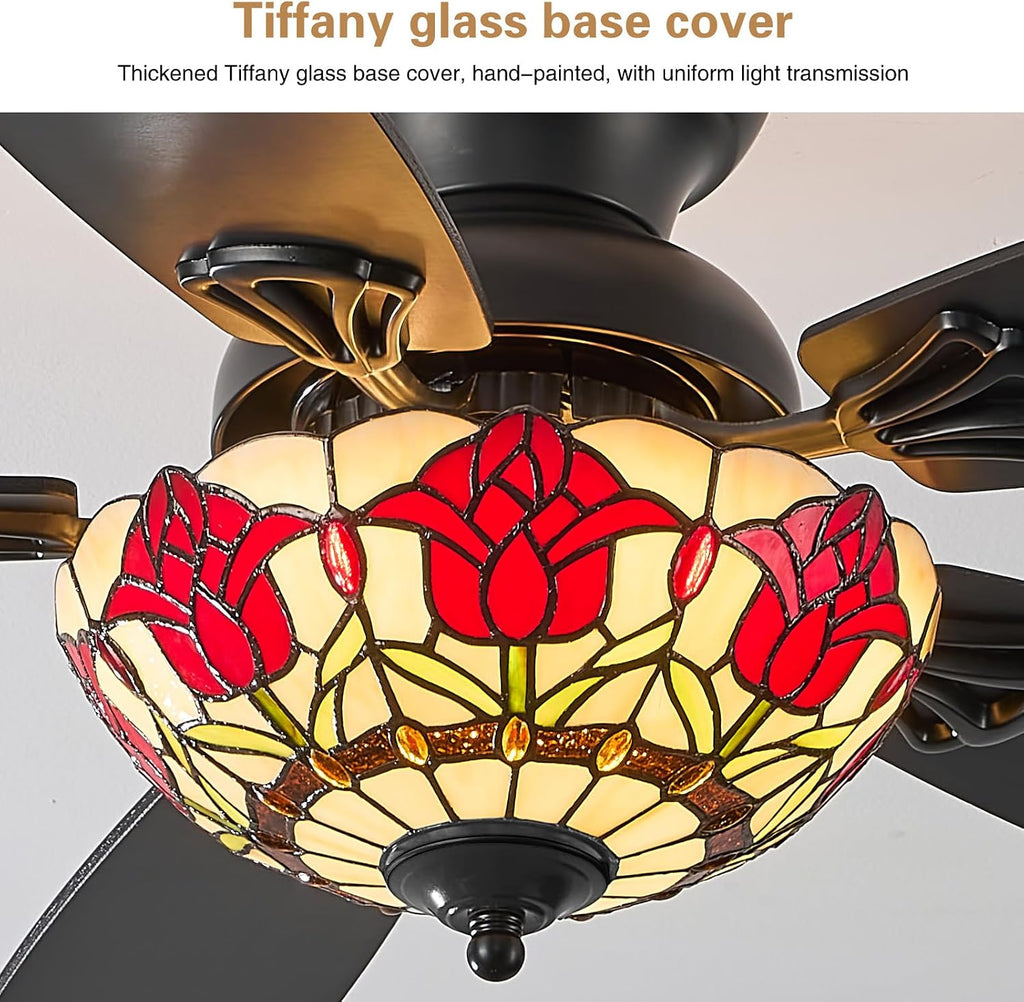 Tiffany Ceiling Fans with Lights - 52' Ceiling Fan Chandelier with 5 Dual-Blades and Glass Shade, 6 Speeds and Reversible, Indoor and Outdoor, Retro Style