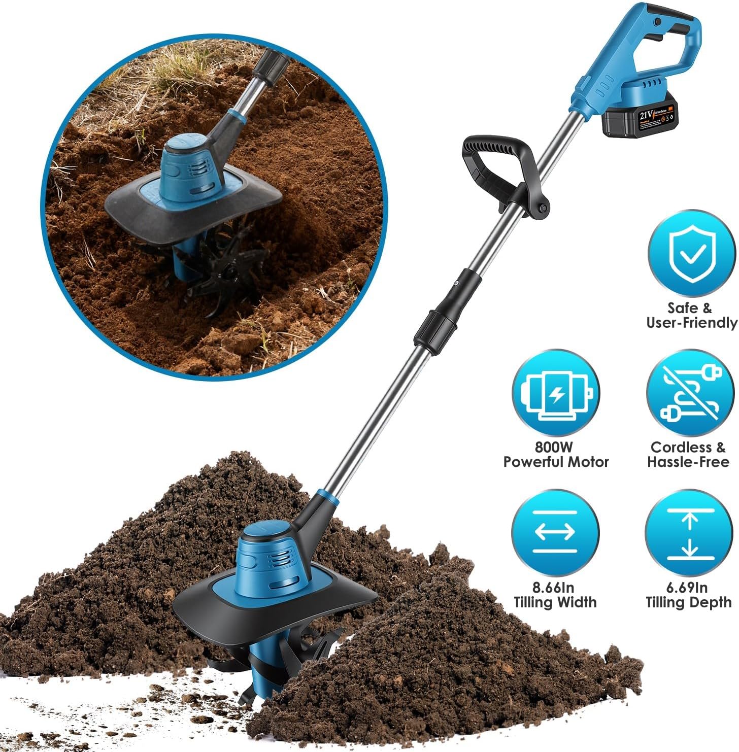 KOCASO 800W 21V Cordless Tiller Cultivator Powered Tiller with 8.66' Width 6.69' Depth Manganese Steel Tines for Soil Cultivation Weeding Gardening