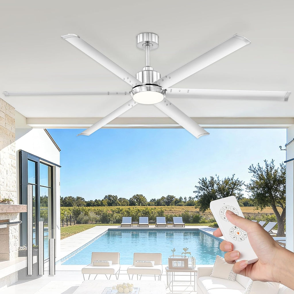 72 Inch Ceiling Fan with Light, Industrial Aluminum Blades, DC Motor 6 Speed Reversible,Covered Outdoor Space, Brushed Nickel,CF06BN-72