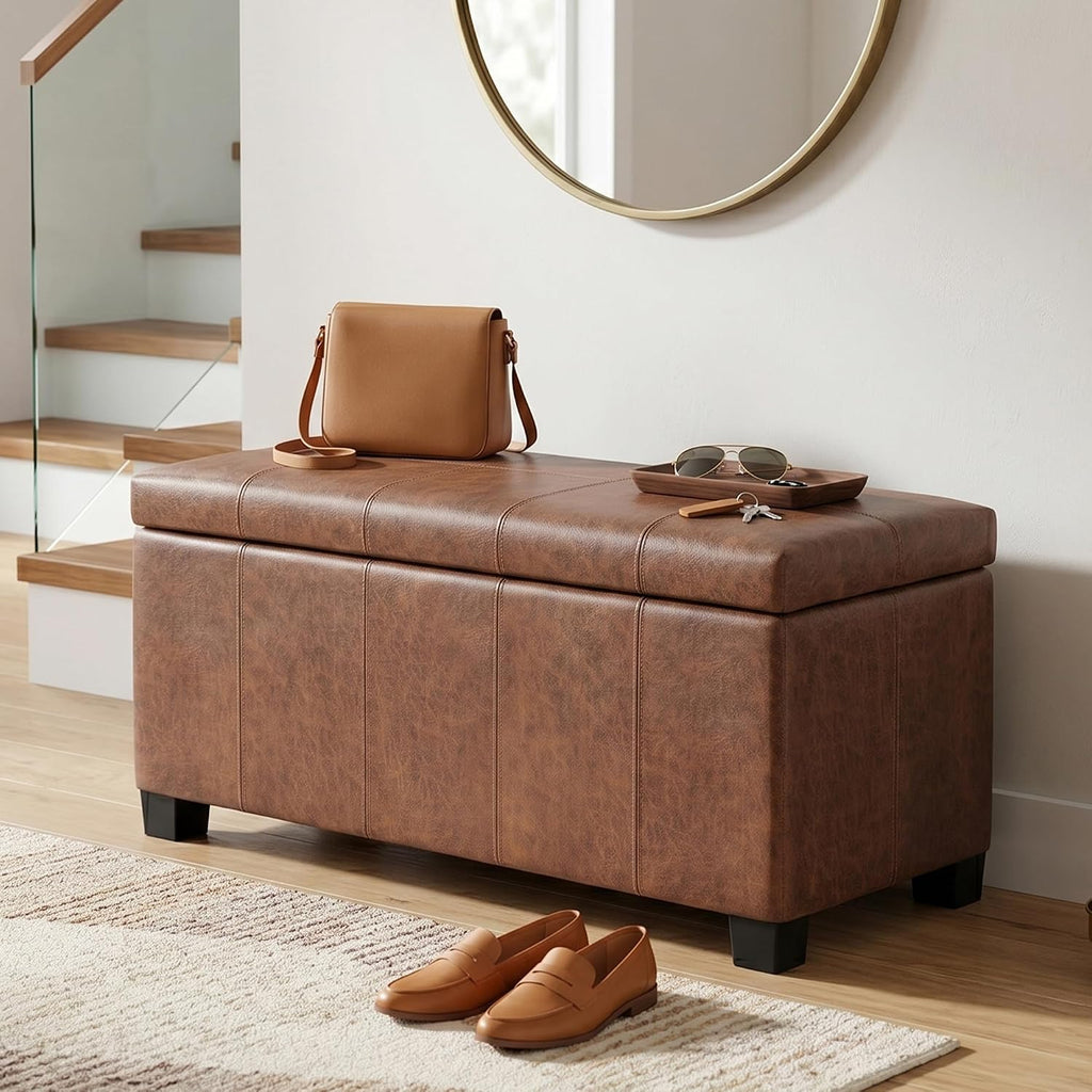 SIMPLIHOME Dover Storage Ottoman Bench - 36 inch Wide Upholstered Vegan Leather Rectangular Lift-Top Ottoman in Distressed Umber Brown, Contemporary Bench for Living Room with Safety Hinges
