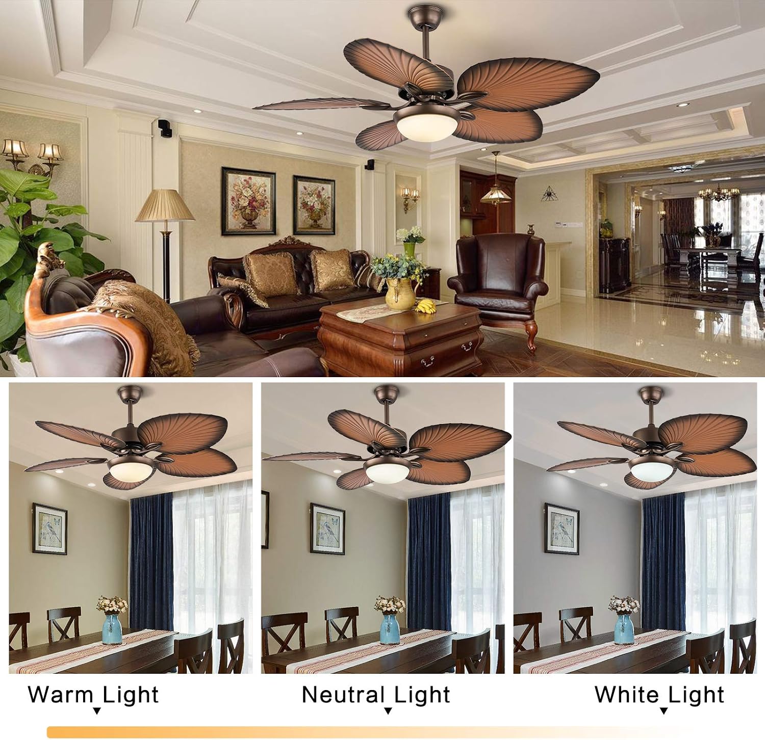 LOYALHEARTDY Outdoor Paddle Fan for Outdoor 52-Inch Tropical Ceiling Fan with LED Light Kit Remote Control,3 Speed & 3 Lighting Colors & Smart Timing, Indoor/Outdoor Quiet Palm Ceiling Fan Lights
