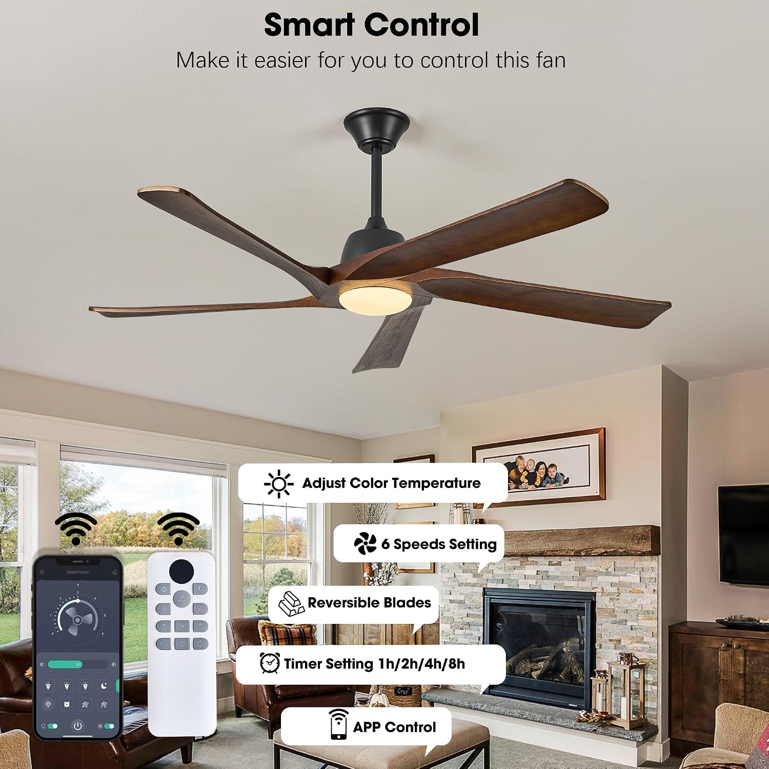 60' DC Ceiling Fan with Light, Solid Wood Ceiling Fan with Remote and APP Control, 3-color Dimmable, 6-speed Reversible Fans for Bedroom, Living Room, Dark Walnut