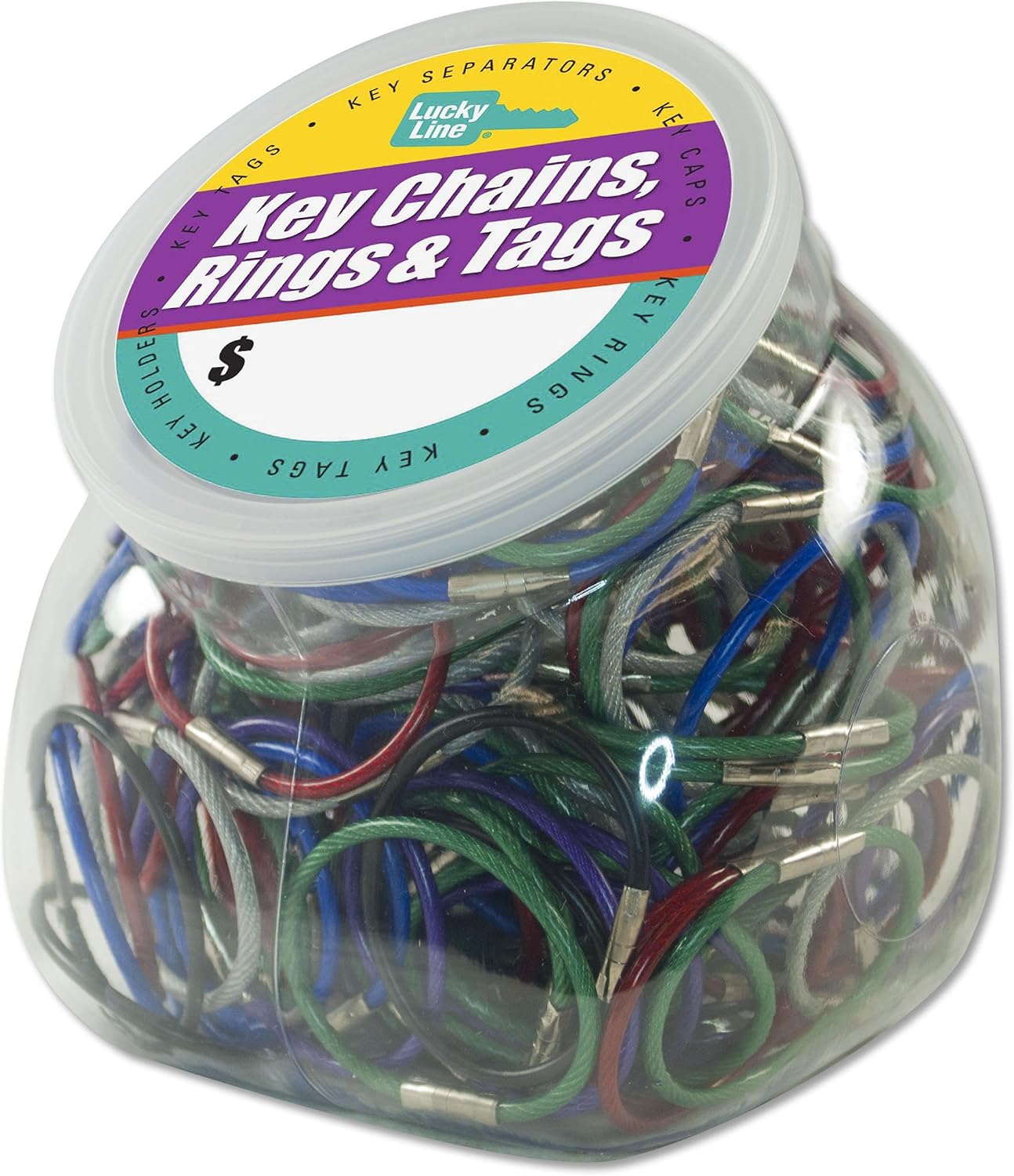 Lucky Line 5'' Flex-O-Loc Cable Key Ring, Galvanized Steel, Corrosion-Resistant, 150 Count Jar, Assorted Colors, 71125