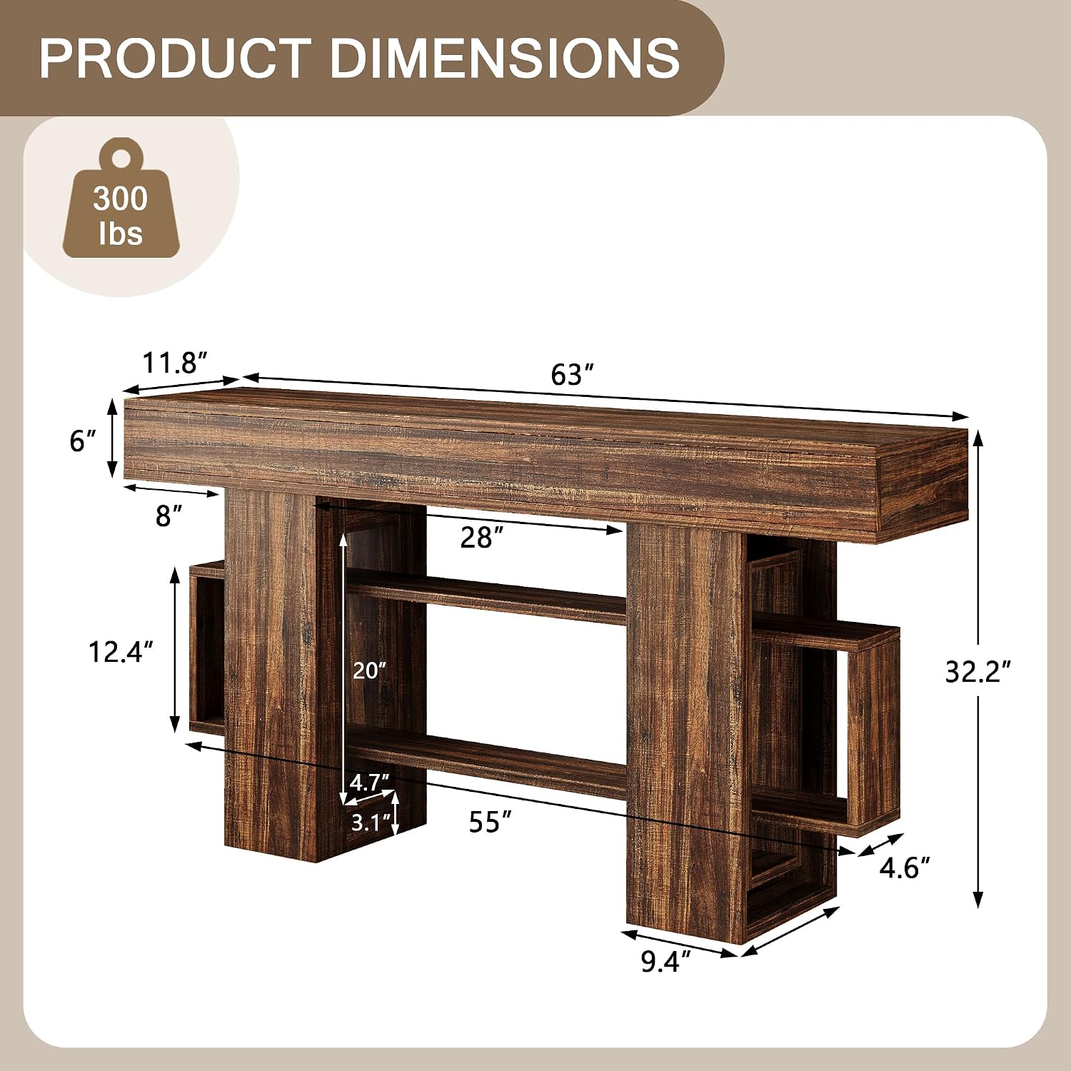 Einhomn 63 Inch Long Console Table for Entryway, Farmhouse Wooden Sofa Table Behind Couch with 3-Tier Storage Shelf, Narrow Entry Accent Table for Living Room, Hallway, Foyer, Rustic Brown