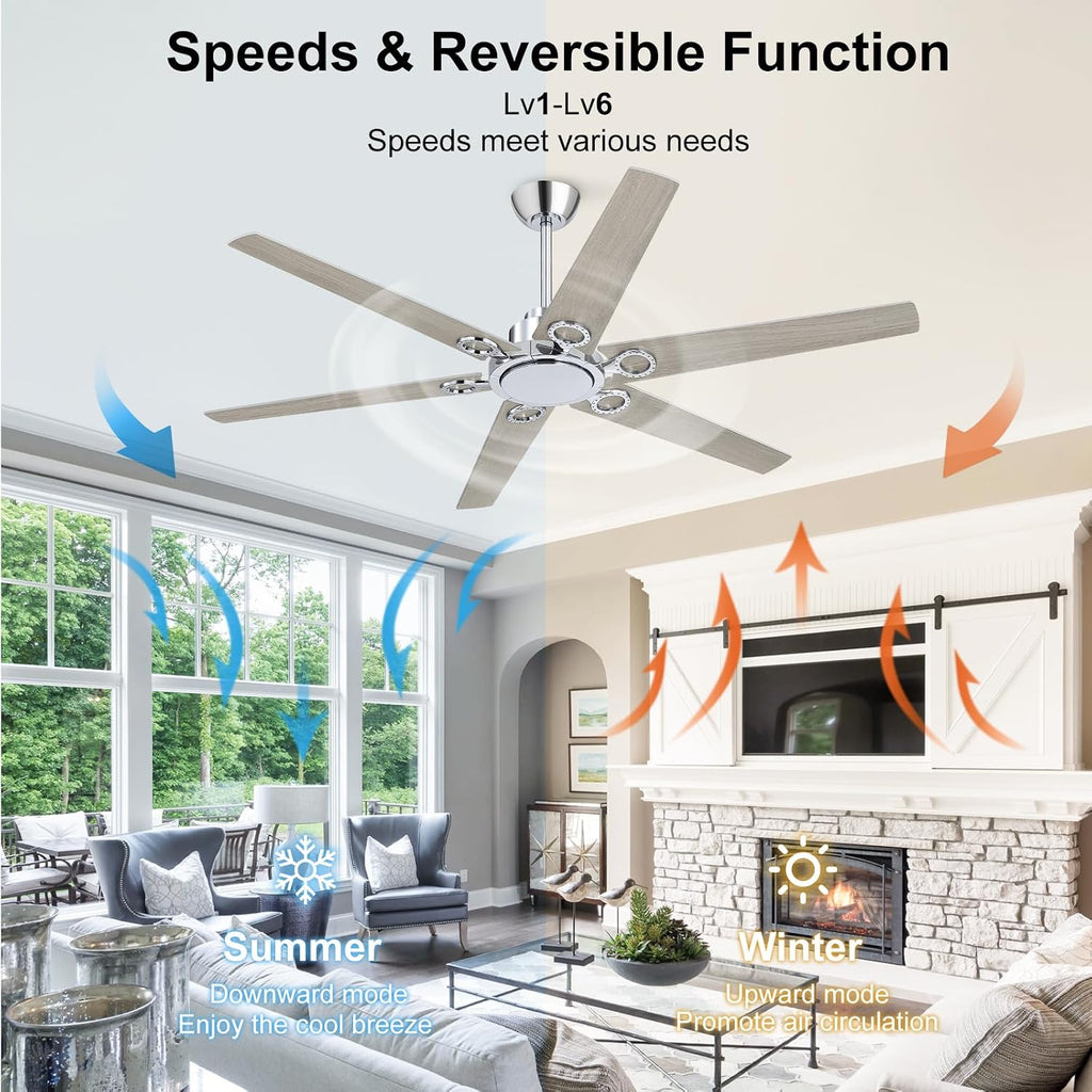 WINGBO Ceiling Fan no Light - 64 inch Ceiling Fan with Remote Control,6 Blades Modern Ceiling Fan, 6-Speed Noiseless Timer Powerful DC Motor, ETL Listed, Indoor/Outdoor, Chromium + Grey