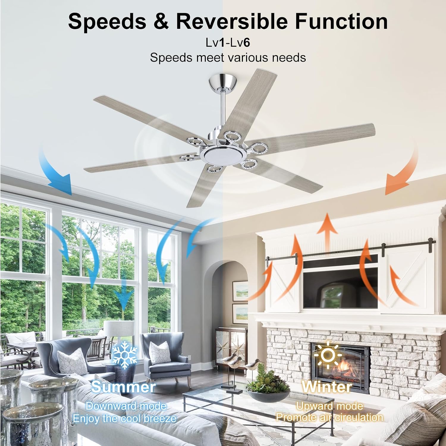 WINGBO Ceiling Fan no Light - 64 inch Ceiling Fan with Remote Control,6 Blades Modern Ceiling Fan, 6-Speed Noiseless Timer Powerful DC Motor, ETL Listed, Indoor/Outdoor, Chromium + Grey