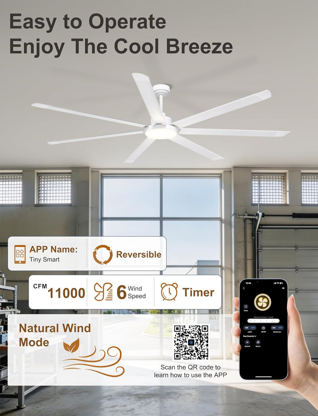 Ohniyou 84'' Large Ceiling Fan with Lights, High CFM Industrial Ceiling Fan Remote/APP Control, 7 Aluminum Blades, 3CCT, for Warehouse, Shop, Garage, White
