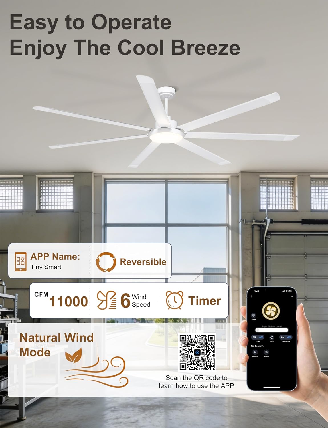 Ohniyou 84'' Large Ceiling Fan with Lights, High CFM Industrial Ceiling Fan Remote/APP Control, 7 Aluminum Blades, 3CCT, for Warehouse, Shop, Garage, White
