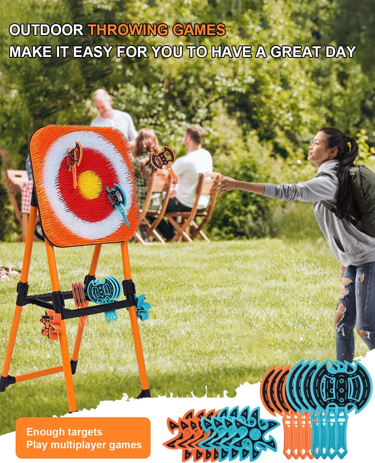 Axe Throwing Game for Backyard - 8 Throwing Axe & 8 Throwing Stars,24' Target,Yard & Outdoor Games for Adults and Family (Orange)