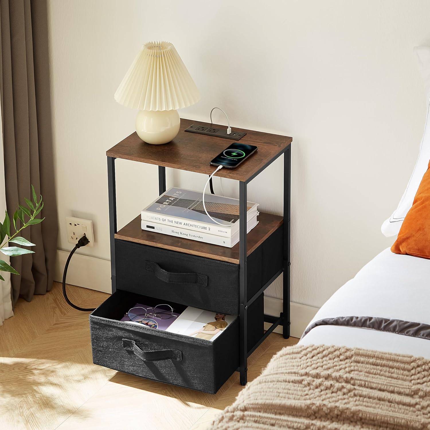 GIA Home Furniture 3 pcs Living Room Table Set, Including 1 Particle Board Coffee Table with Marble Vein Walnut & 2 End Tables with Charging Station, USB Ports, 2 Drawers & Open Shelves