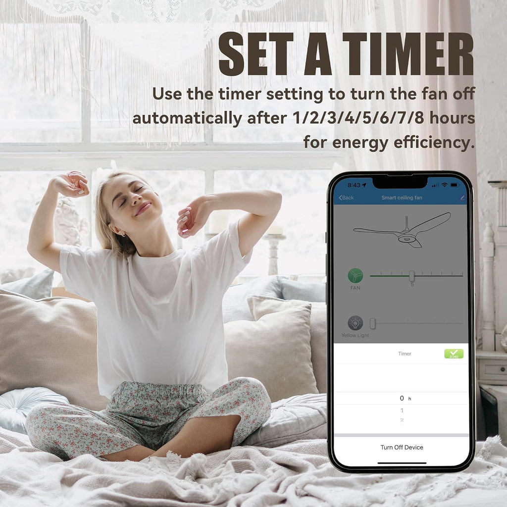 SMAAIR 5 Blades Outdoor Smart Ceiling Fan with Dimmable Light Kit and 10-Speed DC Motor, Works with Remote Control/Alexa/Google Home/Siri, Timer, Schedule (White/Wooden Pattern)
