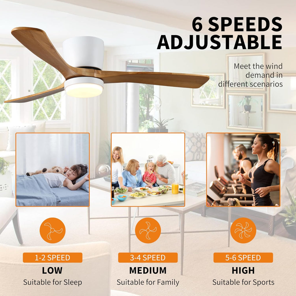 42 inch Wood Ceiling Fans with Lights and Remote, Flush Mount Low Profile Ceiling Fan with Light, 6 Speed, Reversible DC Motor, for Bedroom,Outdoor,Farmhouse,Patios