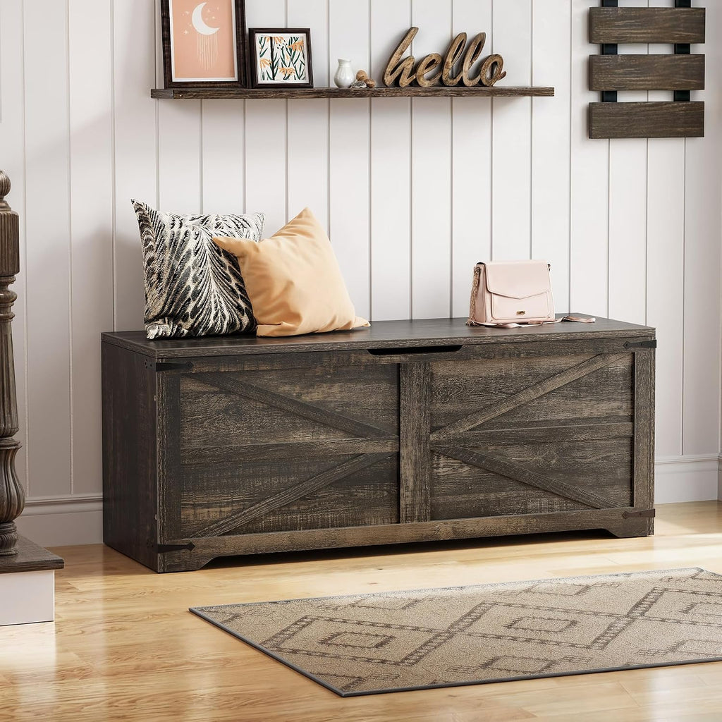 DWVO Storage Bench, 47.2' Farmhouse Storage Chest with 2 Safety Hinges, Wooden Storage Organizer, Shoe Bench for Entryway, Bedroom, Living Room, Dark Rustic Oak