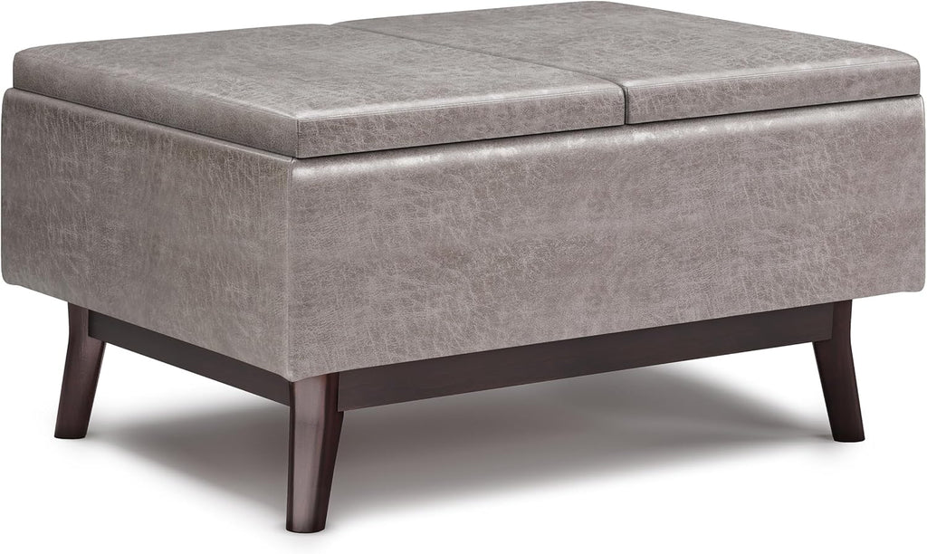 SIMPLIHOME Owen Tray Top Small Coffee Table Storage Ottoman - 34 inch Wide Upholstered Vegan Leather Rectangular Flip-Top Ottoman in Distressed Grey, Mid-Century Modern Ottoman for Living Room